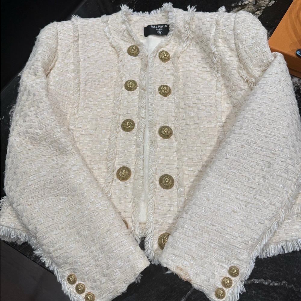 Balmain Textured Cream Blazer with Gold Accents